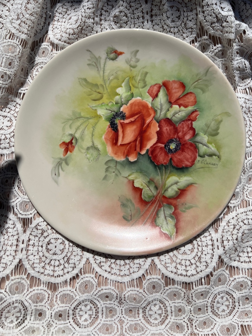 Vintage Hand-Painted Poppy Porcelain Plate - Red Floral Accent